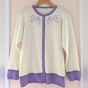 Vintage Laura Ashley cardigan knit white purple trim beaded wool blend Large